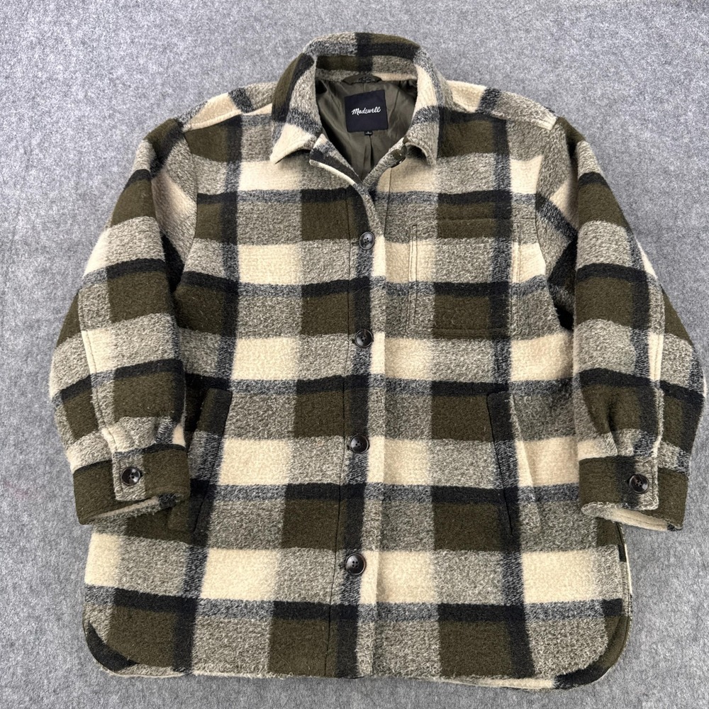 Madewell Coat Womens Large Beige Plaid Wool Blend Button Front Lined Overcoat